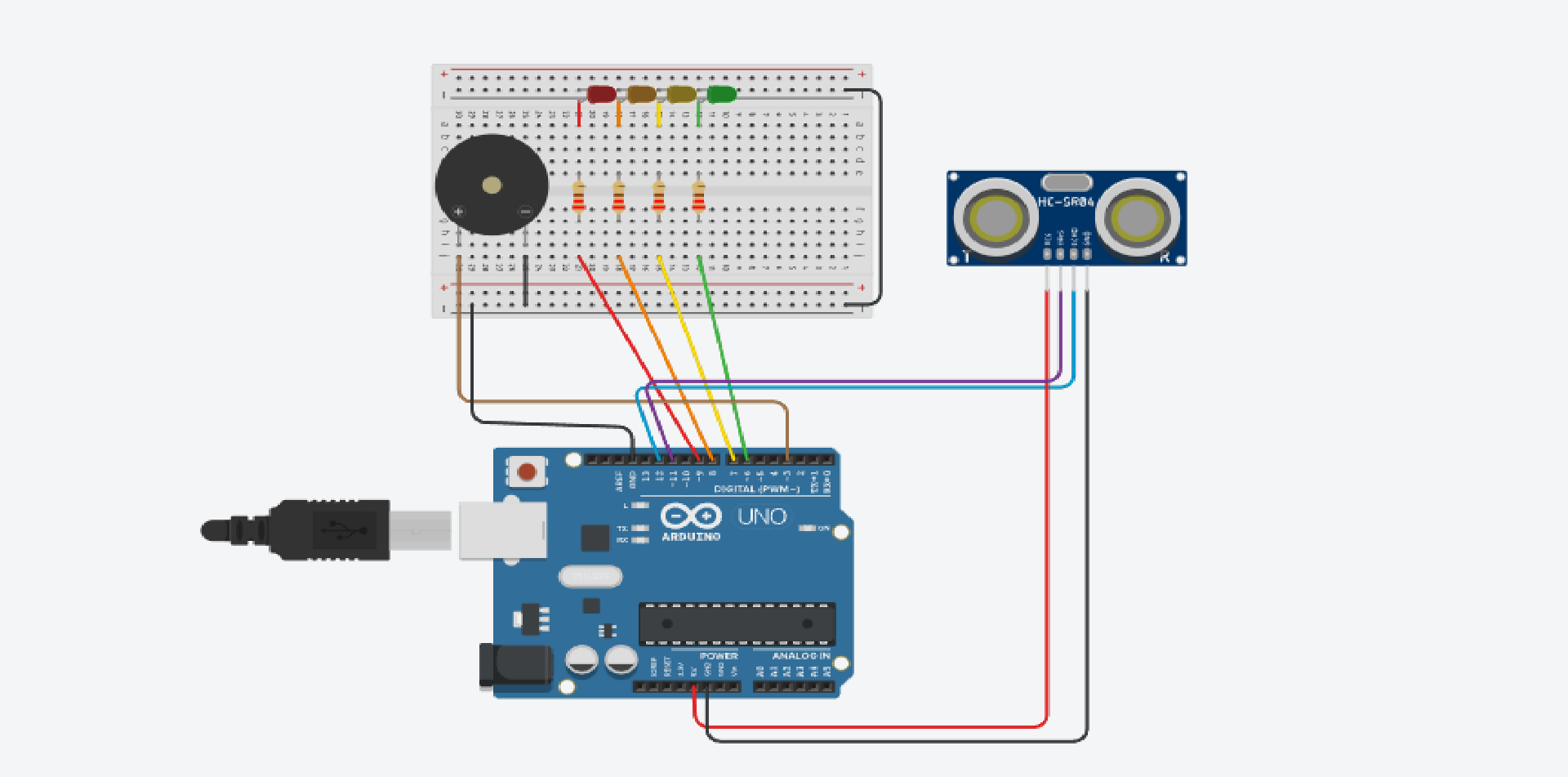 Diagrama esquemático de um circuito eletrônico, mostrando a disposição dos LEDs, do sensor ultrassônico e do buzzer, bem como as conexões entre eles